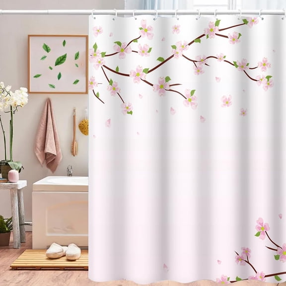 Cherry Blossom Shower Curtain Japan Pink Floral Landscape Shower Curtains for Girly Woman Bathroom Decor Accessories Waterproof Polyester Fabric with Hooks, 72 x 84 Inch