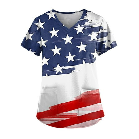 

JGGSPWM Women s Scrub Tops V Neck Short Sleeve Tees Medical Uniform T-shirts Independence Day Blouse Workwear Nursing USA American Flag Dark Blue XXL