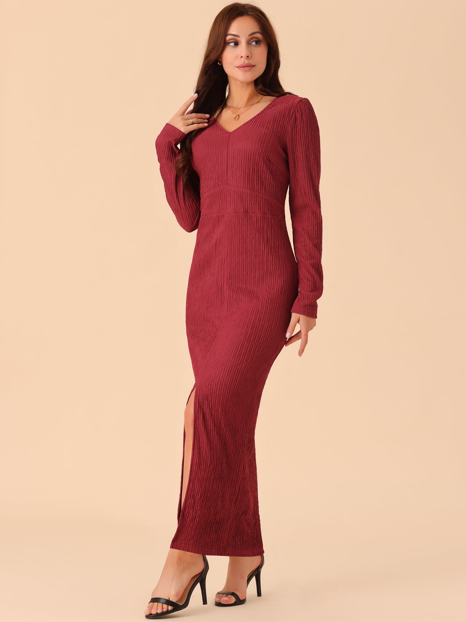 DARING DIVA Long Sleeve V Neck Slit Hem Maxi Cocktail Dress XL Wine Red