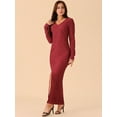 thumbnail image 2 of DARING DIVA Long Sleeve V Neck Slit Hem Maxi Cocktail Dress S Wine Red, 2 of 5