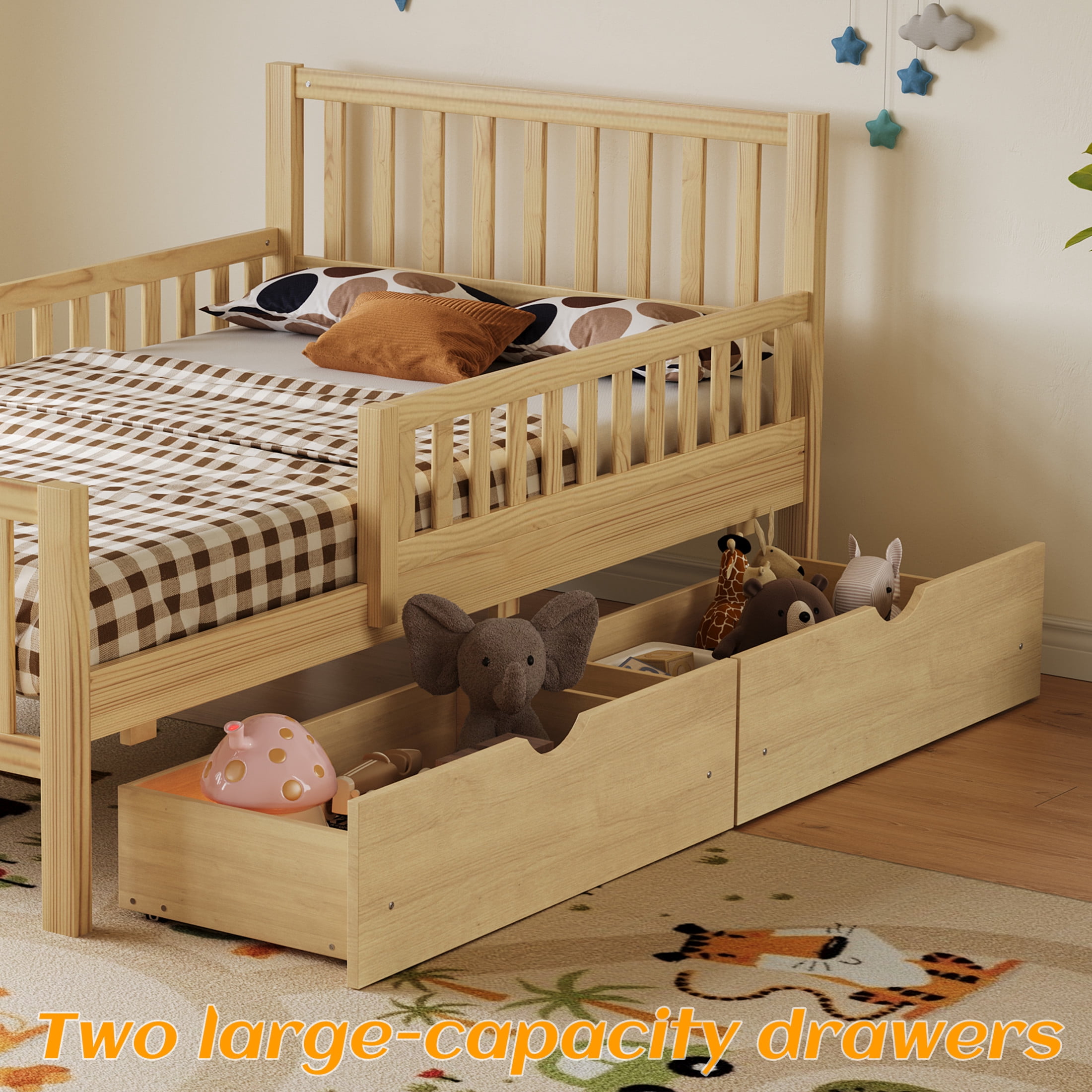 Noble House Twin Size Wood Platform Bed with Guardrails and 2 Storage Drawers, Natural
