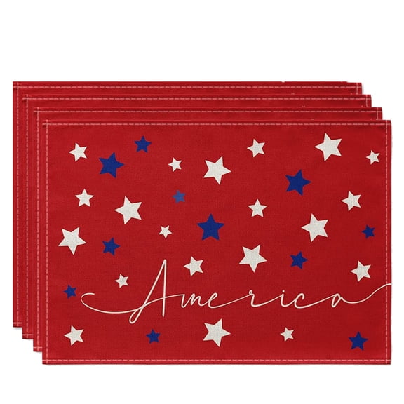 Red Blue Stars America Patriotic 4th of July Placemats Set of 4, 12 x 18 Inch Seasonal Holiday Table Mats for Party Dining Table Decoration