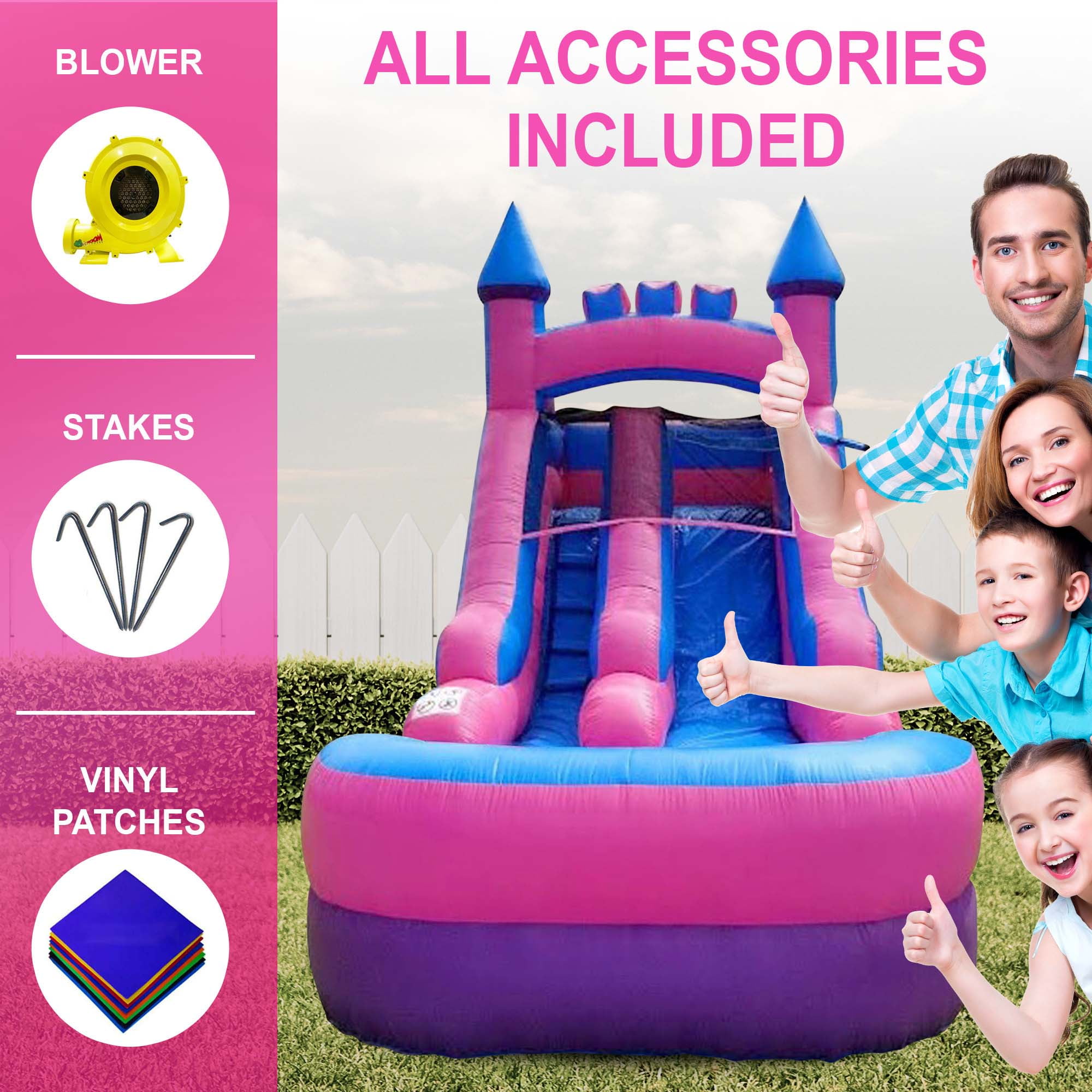 Pogo Bounce House Crossover Kids Inflatable Water Slide, Pink Castle With Blower, 12 ft