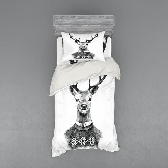 Ambesonne Indie Bedding Set 3 Pcs, Deer Nordic Sweater Xmas, Twin, Charcoal Grey White