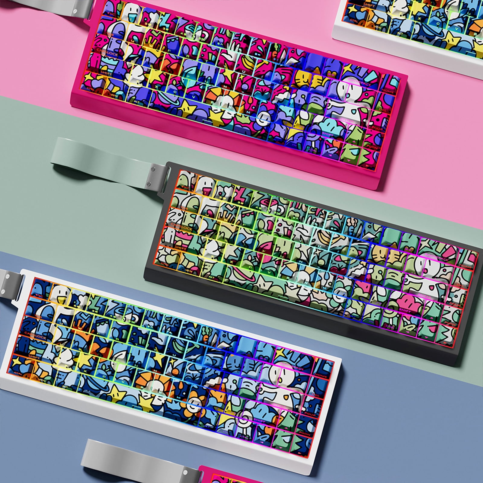 74/140Key Graffiti Artistic Design PBTs Original Profile Side Print Transparents Keycaps for Backlits Keyboards
