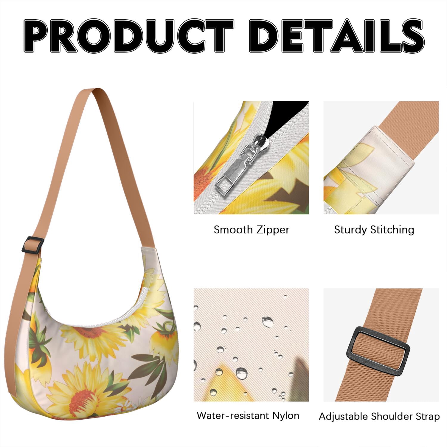 Casual Crossbody Purse for Women – Lightweight & Spacious, Boho Sunflower and Butterfly Floral Print, Rustic Vintage Country Style, Water-Resistant Durable Purse