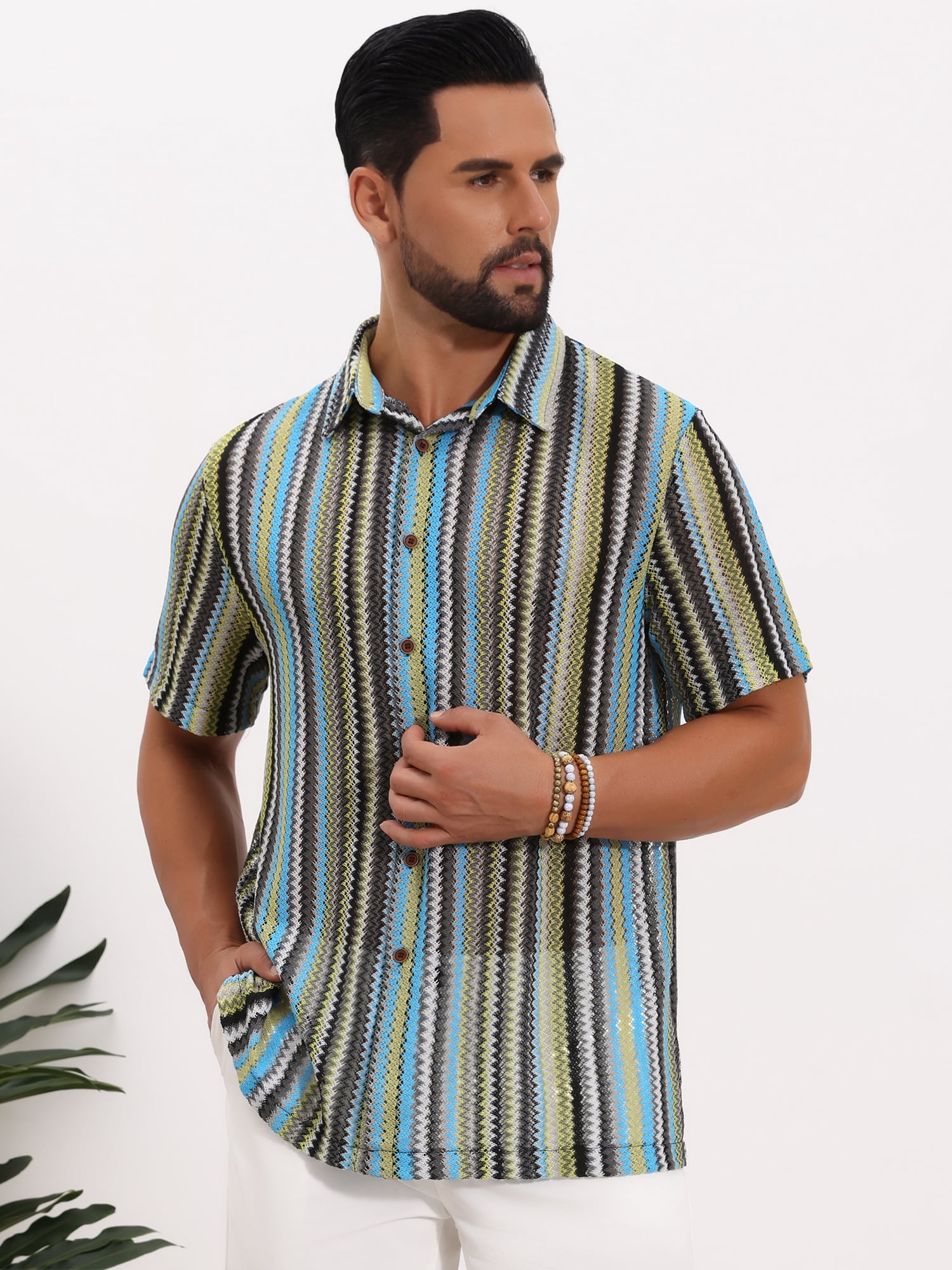 DARING DIVA Men's Striped Short Sleeve Button Down See Through Shirts XL Blue Green