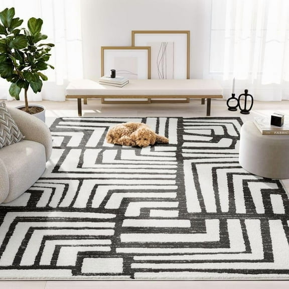 Abani Nomad Cream & Grey Area Rug 8' x 10' for Living Room, Bedroom - Geometric Box Design - Durable & Easy to Clean