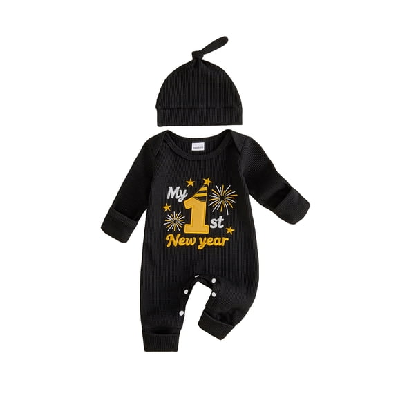 Loicainy Newborn Infant Boy First New Year Romper 3 6 12 Months Embroidered Long Sleeve Bodysuit Hat