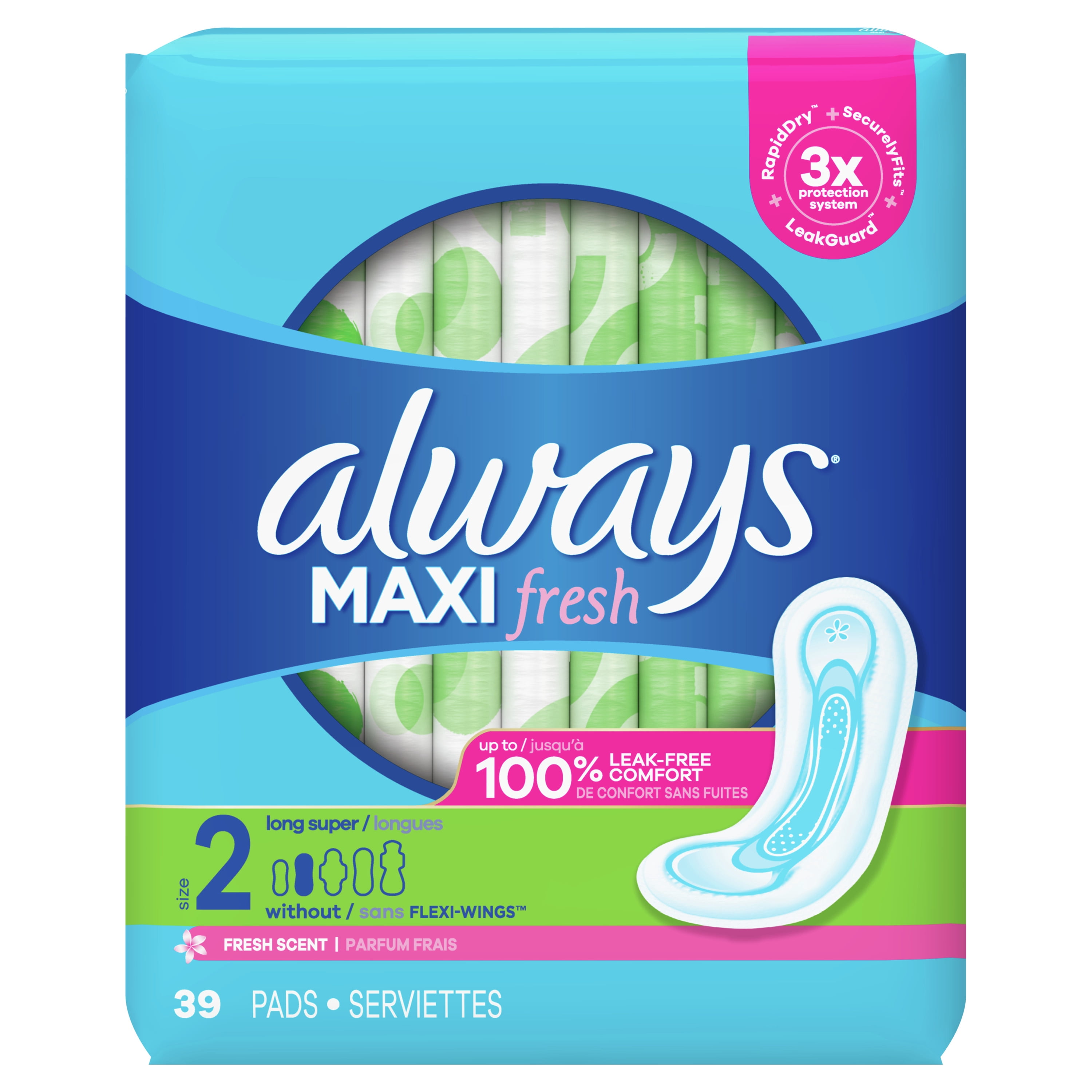 Always Maxi Super Absorbency Pads Wingless Scented, Size 2, 39 ct