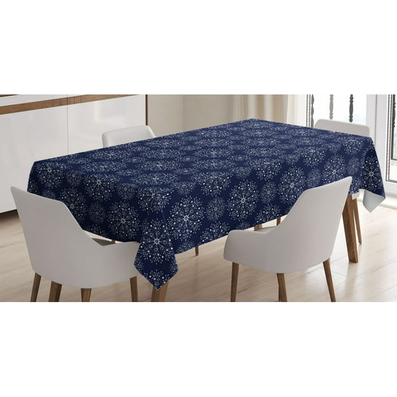Modern Tablecloth, Geometric Pattern Circles and Dots Stripes Molecular Shapes Celebration, Rectangle Satin Table Cover for Dining Room and Kitchen, 60" X 90", Dark Indigo and White, by Ambesonne