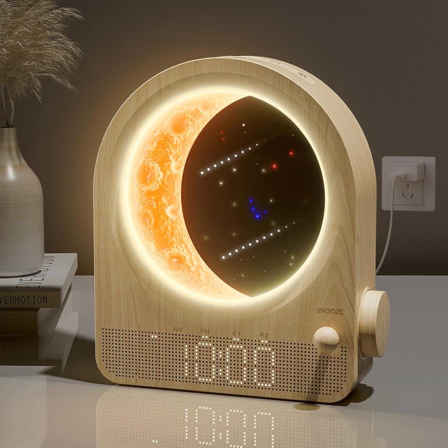 Sunrise Alarm Clock for Bedrooms, Moon Lamp for Heavy Sleepers | Alarm Clocks with 12Levels Volume, Stepless Dimmable Moon bedside Lamp, 10 Natural Sounds,30/60/90mins Timer, Gifts for Women