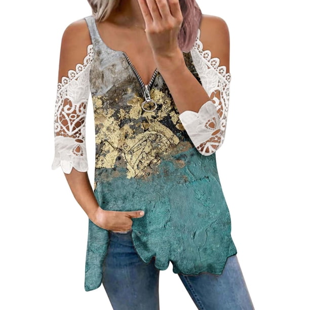 Elegante mujer casual cremallera cuello impresión blusa encaje manga corta camiseta verano Tops OAVQHLG3B Store lin121212