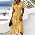 thumbnail image 2 of Bxsruta Women's Floral Print V Neck Short Sleeve Midi Dress Casual A Line Flowy Long Dress for Work Party Pull on Comfortable Elastic Waist Lightweight Everyday, 2 of 7