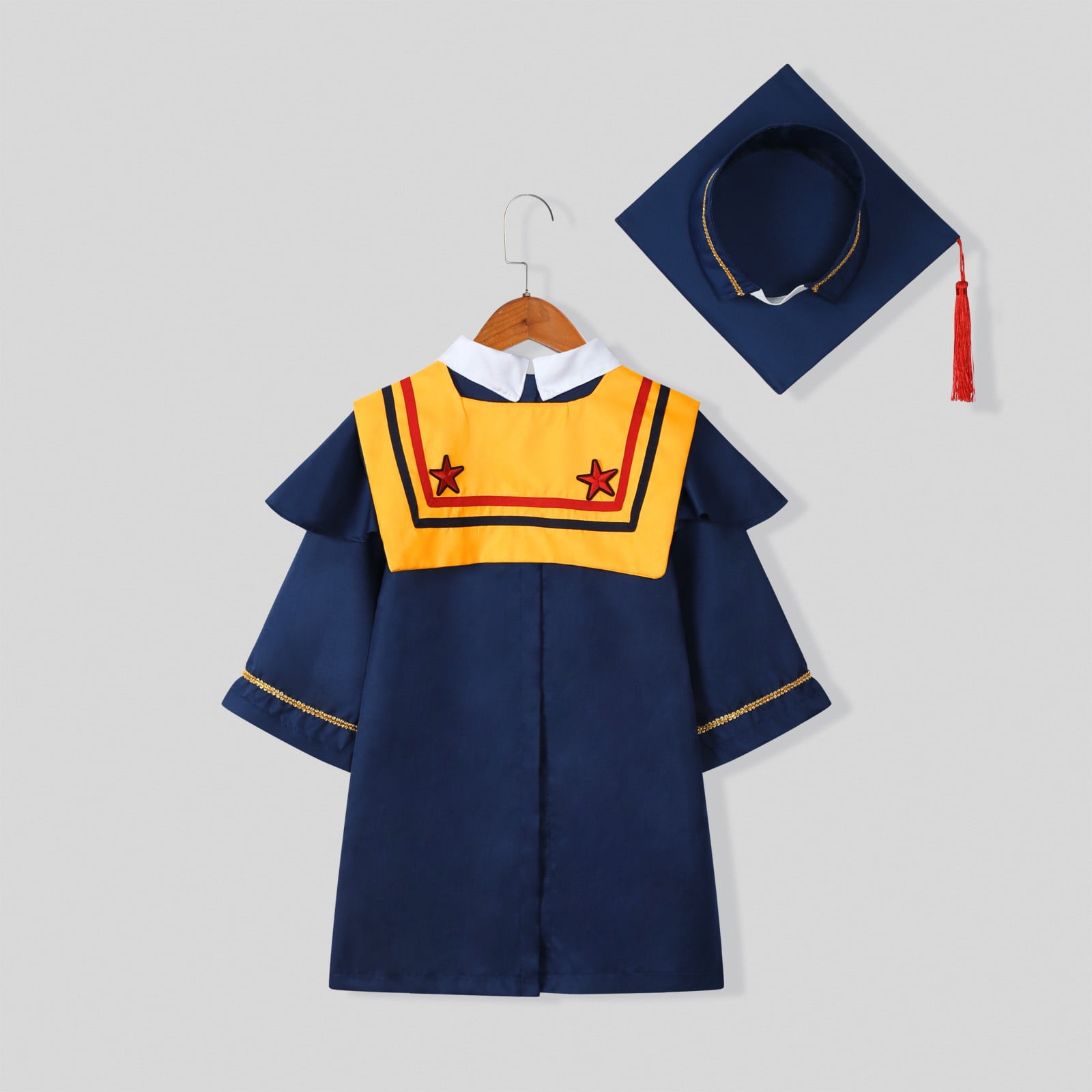 VNKIDY Girls Kids Collar Graduation Gown Dress With Star Decorations Matching Graduation Cap Set For Preschool Kindergarten Graduation Ceremonies School Events