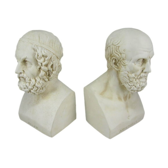 Aristotle and Homer Bust Antique White Plaster Bookends: Timeless Grecian Philosophy Sculptures, 8 Inches High, Decorative Pillars of Wisdom for Your Bookshelves