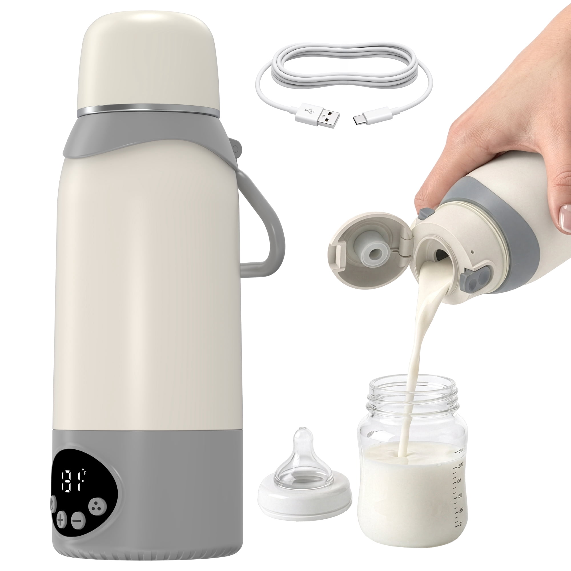 Garnen Portable Milk Warmer 500ml, Breast Milk Warmer for Baby Travel Night Feeding, 316L Stainless Steel BPA-Free USB C Fast Heating Baby Milk Warmer
