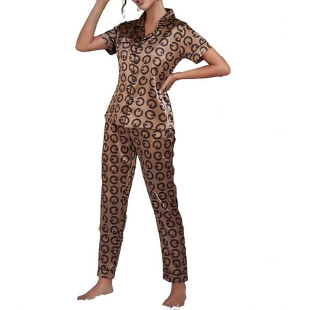

Womens Pajama Sets Button Front Lapel Sleepwear Brown L