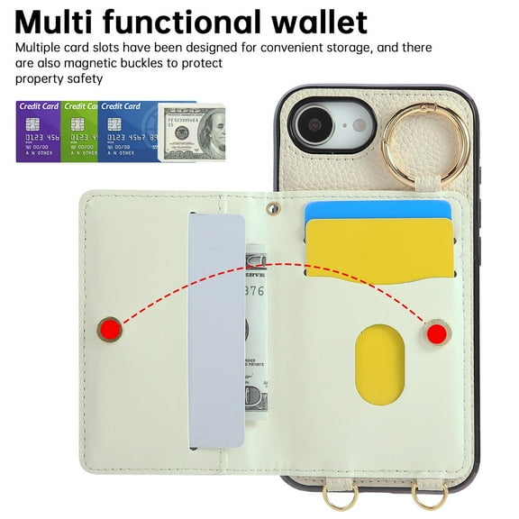for iPhone 16e Adjustable Crossbody Strap Wallet Case with 4 Card Slots, PU Leather Back Cover, Stylish Kickstand Magnetic Shokcproof Heavy Duty Protection Phone Cover Girls Women, Beige