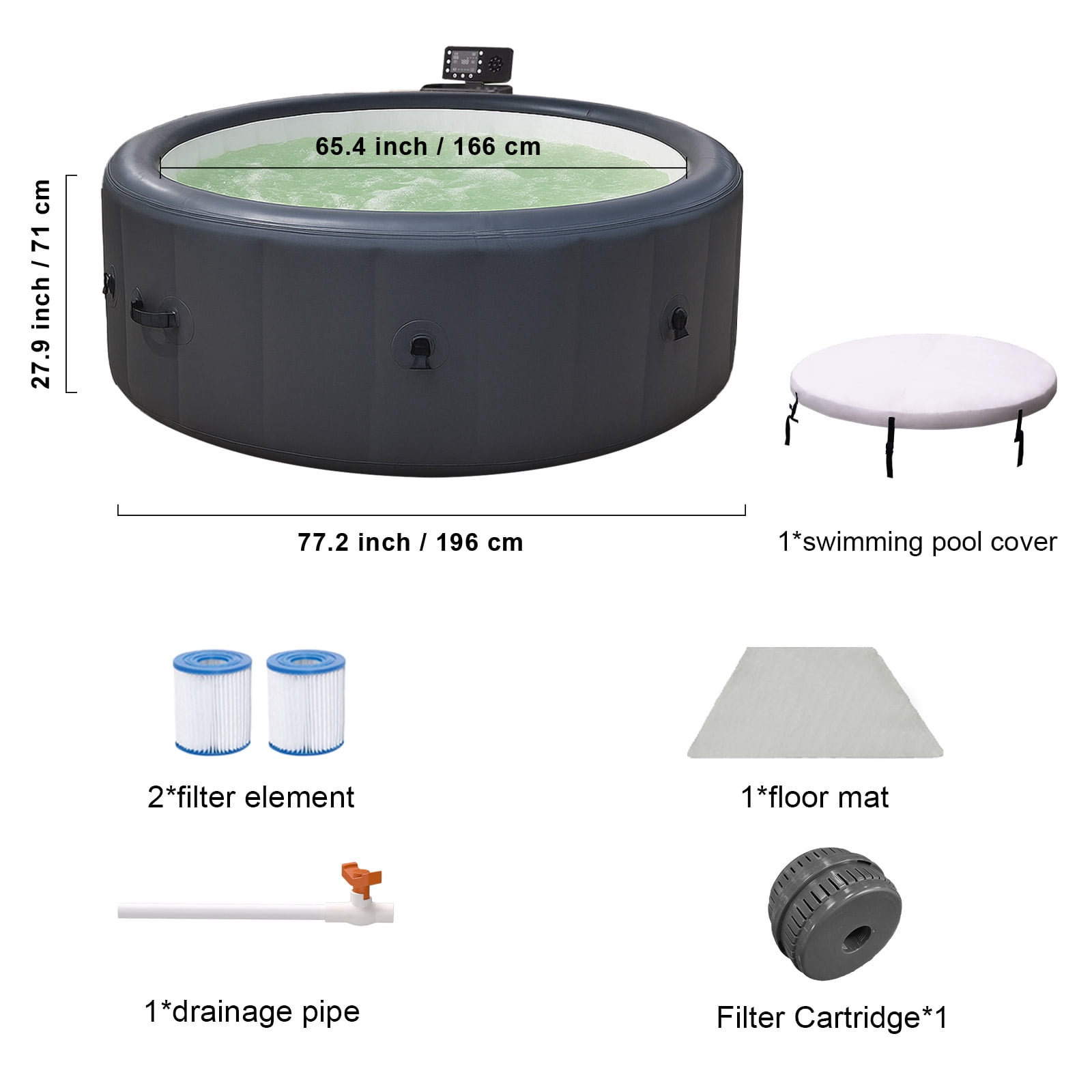 196*71cm Hot Tub, Swimming Pool With Heating, Bubble Massage, Ambient Lighting, Filtration, And One Click Inflation. Home Inflatable Massage Bathtub, Grey