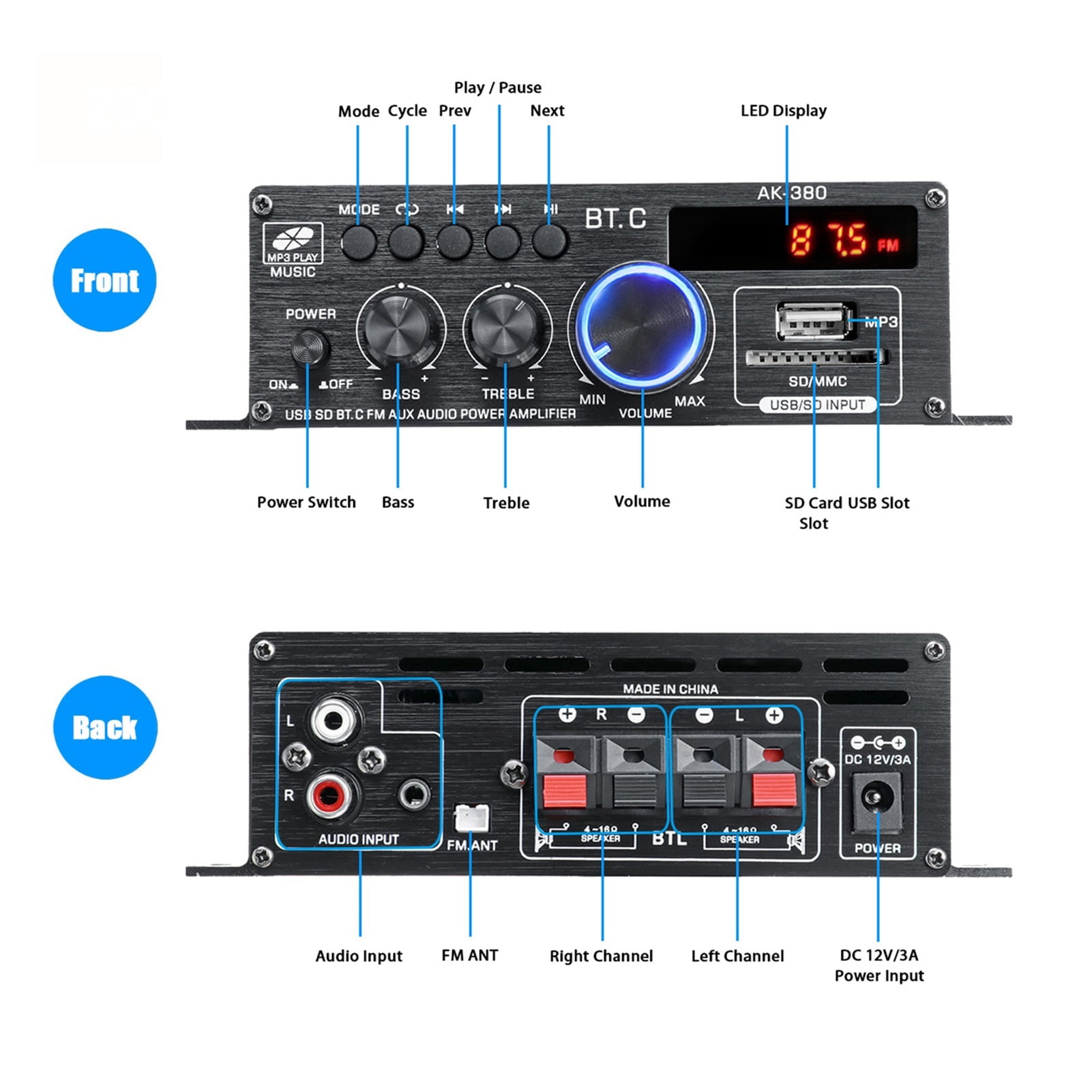 40W*2 Ak380 Bluetooth 5.0 HiFi Power Amplifiers Stereo Home Car Audio 12V Digital Sound Amplifier BASS Music Player FM Radio ,Wide Application