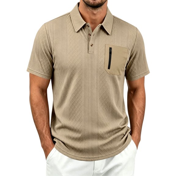 LEKWK Golf Shirt for Men Short Sleeve Collared Shirt with Zipper Chest Pocket Casual Textured Knit Lightweight Breathable Summer Activewear Khaki XXL