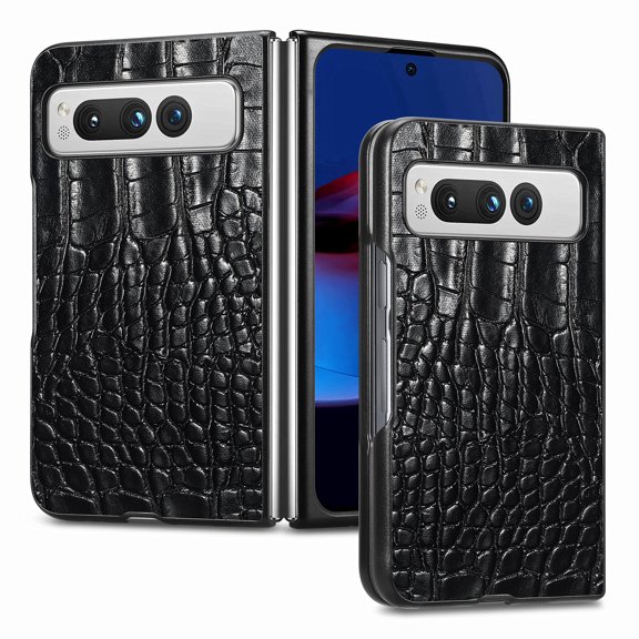 SaniMore for Google Pixel Fold 7.6" 2023 Case, Crocodile Texture PU Leather ull Protection with Tempered Glass Screen Protector Wear-resistant Vintage Folding Shell Shockproof Drop-resistant, Black