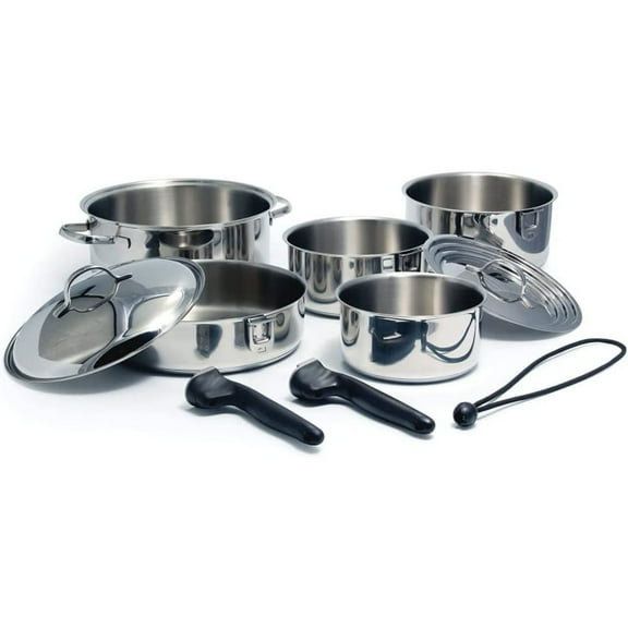 Camco Stainless Steel Nesting Cookware Set- Non Stick Pans and Pots with Removable Handles, Space Efficient Excellent for RVs and Compact Kitchen, 10-Piece Set (43921)