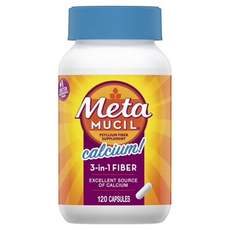 Metamucil Fiber with Calcium, 3-in-1 Psyllium Capsule Fiber Supplement with Calcium for Bone Health, 120 ct Capsules