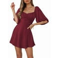 thumbnail image 2 of Womens Summer Dresses Square Neck Tie Back Lantern Sleeve Ruffle A-Line Casual Dress Wine Red S, 2 of 9