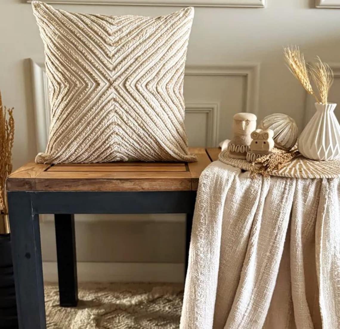 The HomeCentric Decorative Beige 14"x14" (35x35 cm) Throw Pillows, Linen Lace & Jute Throw Pillows For Couch, Geometric Pattern Modern Style - Jutee Love