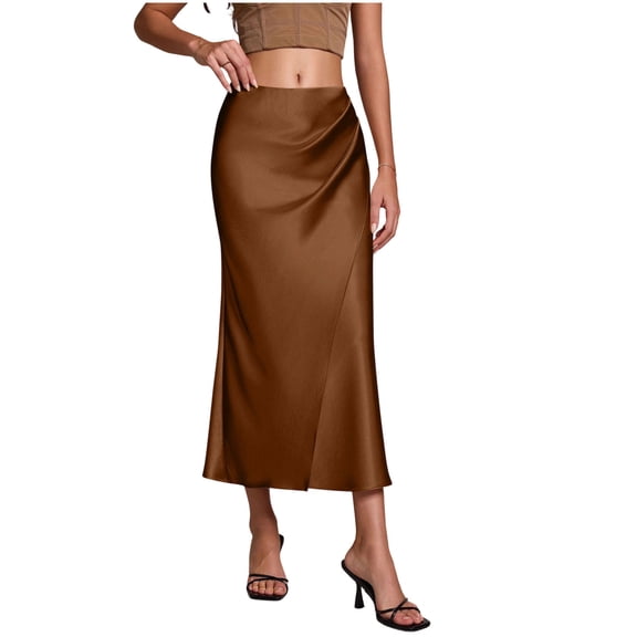 HBGVBA Women's Satin Pencil Maxi Skirts,Solid Color Satin Skirt High Waist Pleated Slim Fits Designs Casual Stylish Long Bottom