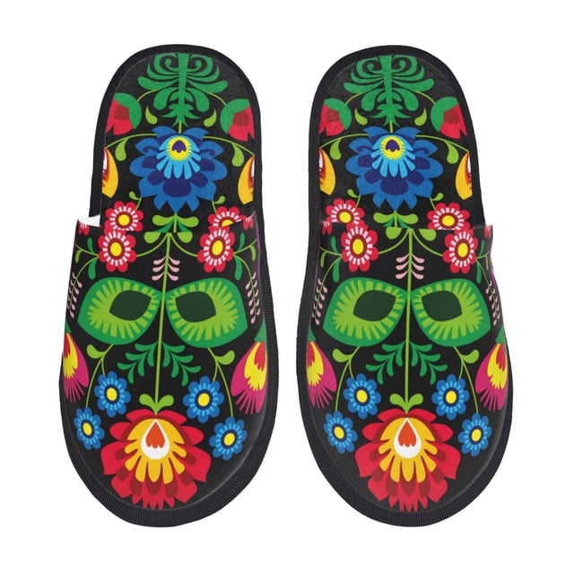 Fotbe Traditional Floral Polish Pantuflas Peludas para Mujer con Estampado, Zapatillas de Peluche, Zapatos de Invierno para Casa, Uso Interior y Exterior-Large