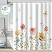 Zrodlmo White Floral Shower Curtain with Hooks,Water-Repellent FabricBathroom Curtain, 72"x 72", Green Flower