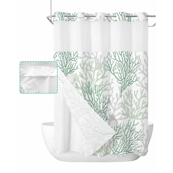 No Hook Shower Curtain with Snap in Liner, Summer Gradient Sage Green Ocean Coral Sea Hotel Shower Curtains for Bathroom, Washable Shower Curtain Liner Set with Mesh Top Window, 72"x84"