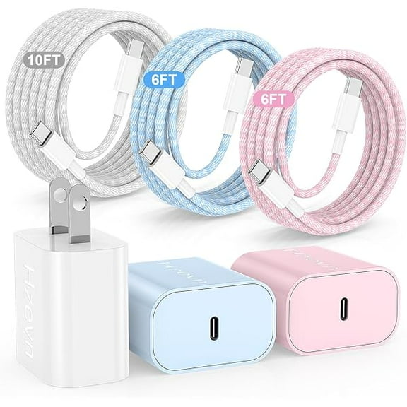 ZCFast Charging for iPhone 15 16 Pro Max Charger Colorful, 3Pack 20W USB C Fast Chargers Block with 6/6/10ft Long USB C to C Braided Cable Compatible with iPhone 16/15 Pro/15 Plus/iPad Pro 13/12.9