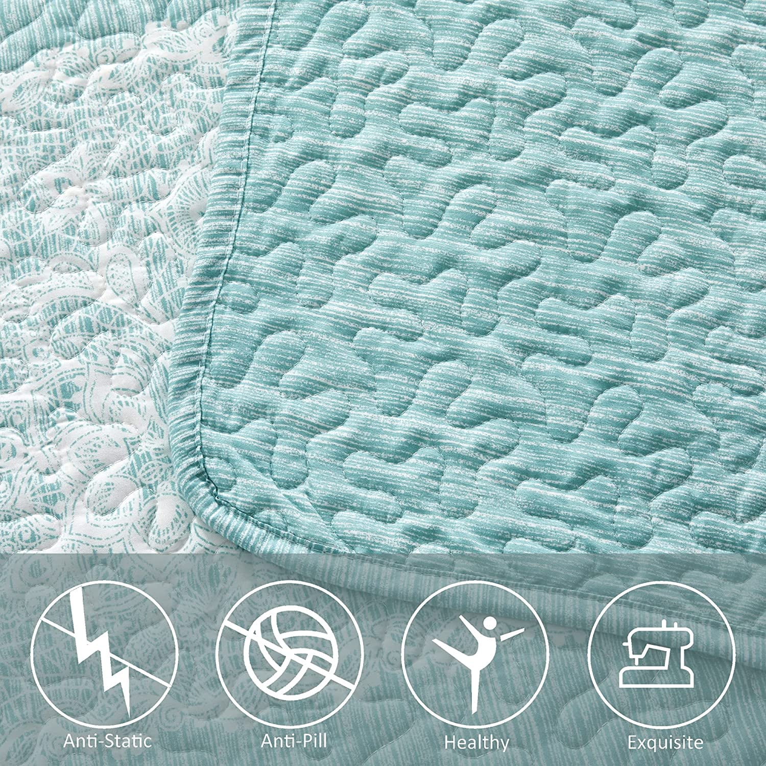 Home Soft Things 5 Piece Printed Microfiber Quilts Bedspread Set - Emma - Teal Aqua - King (102" x 90")