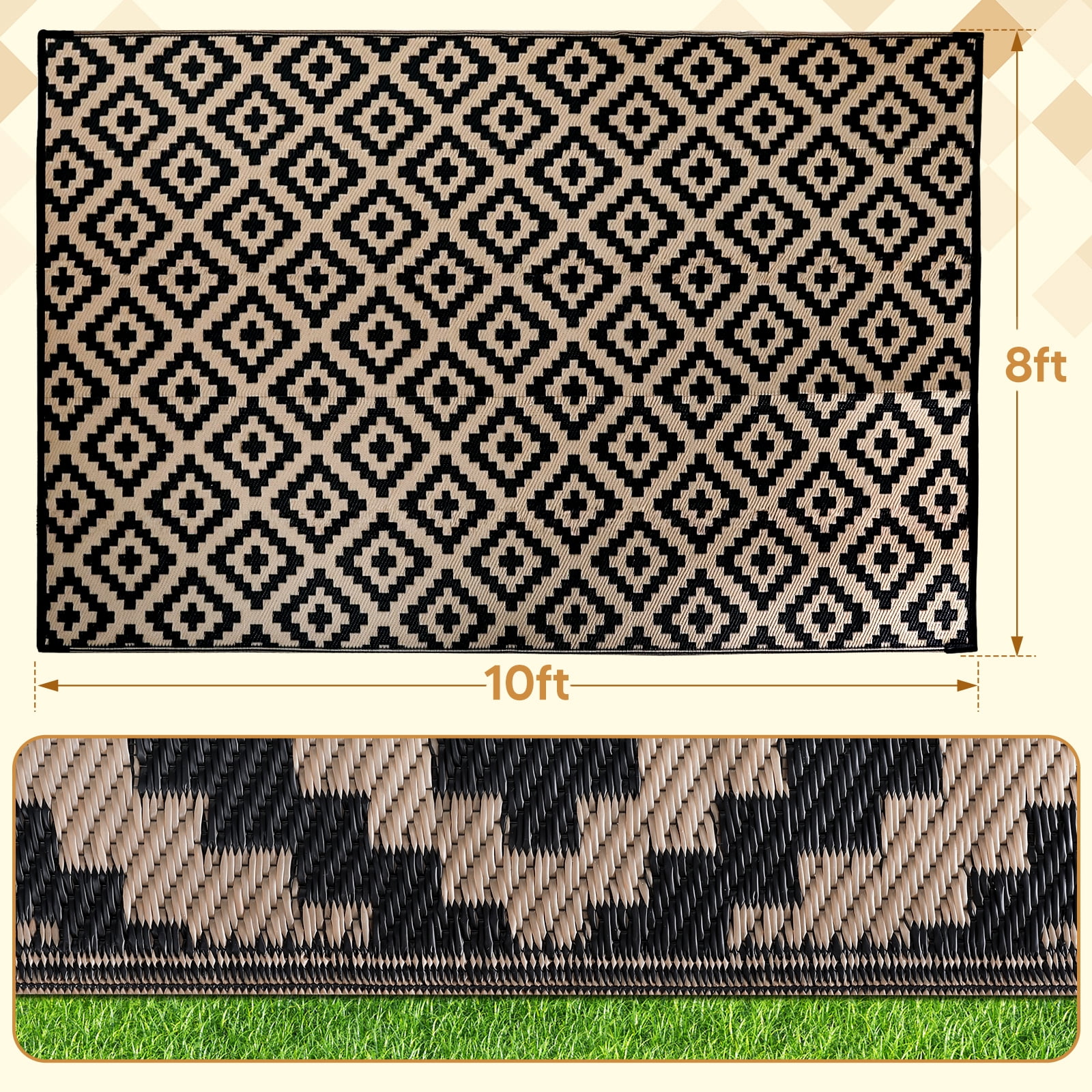 UNTIMATY 8'×10' Outdoor Rug Waterproof Patio Carpet Outdoor Area Rug Large Plastic Straw Mat for RV Camping Porch Deck Balcony, Black and Brown