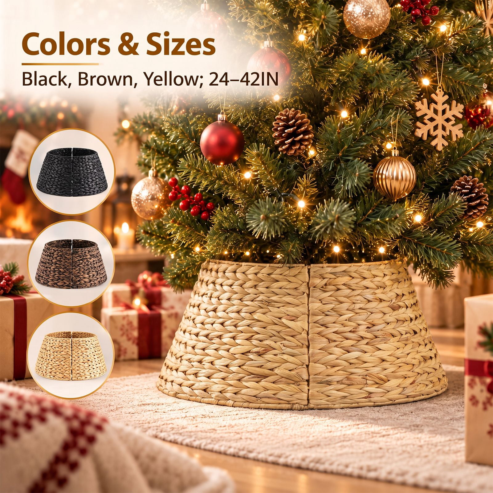 Alvantor Christmas Tree Collar, Woven Rattan Stand Cover with Cord Port, Yellow 36IN