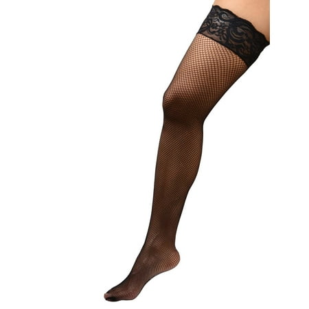 

Angelique Women s Plus Size Hosiery Black Fishnet Lace Top Stay Up Silicone Thigh High Stockings
