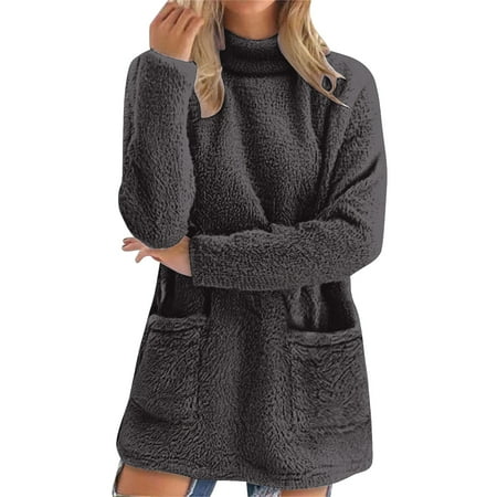 Aoiroe Women s Winter Warm Sherpa Lined Fleece Crewneck Long Sleeve Sweatshirt Pullover Loungewear Tunic Tops Dark Gray 2XL