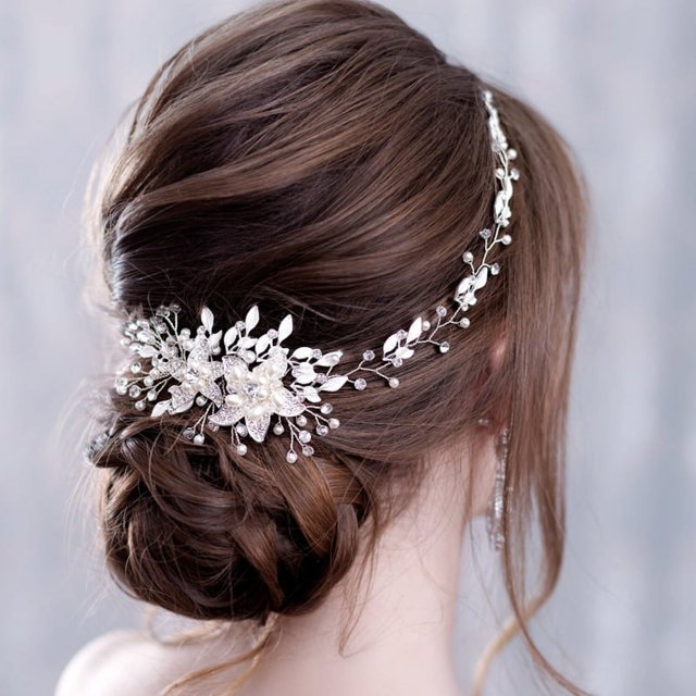 Joya para la cabeza hecha de flores y hojas para mujeres y niñas - Accesorio de boda con cuentas - plata brillar Electrónica