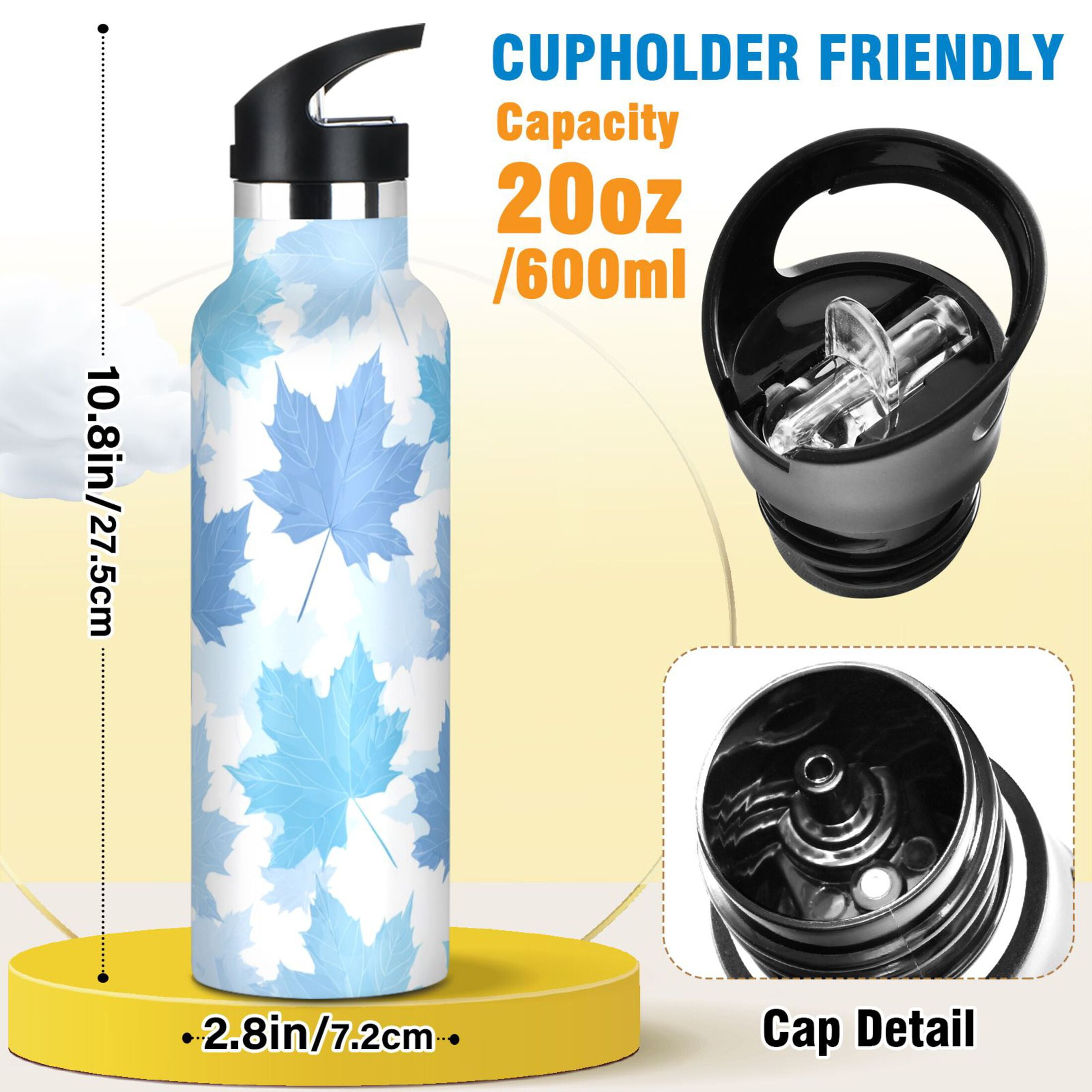Kids Insulated Stainless Steel Sports Water Bottle 600ml (20oz) Light Blue Maple Leaves
