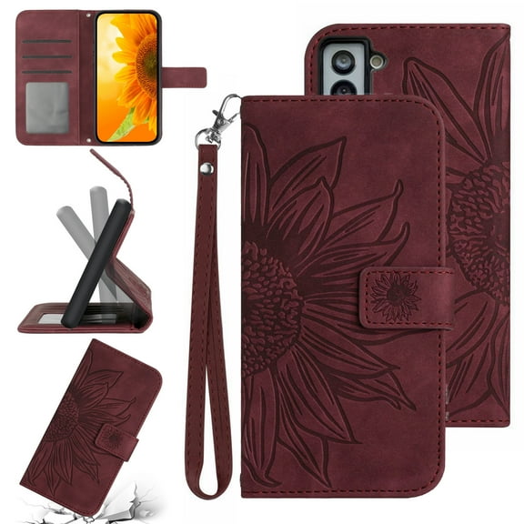 Feishell Slim Wallet Case for Samsung Galaxy S22 5G,for Men Women,Sunflower Embossed Pattern PU Leather Flip Cover Magnetic Closure Folio Card Slots Kickstand Phone Case with Hand Strap,Winered