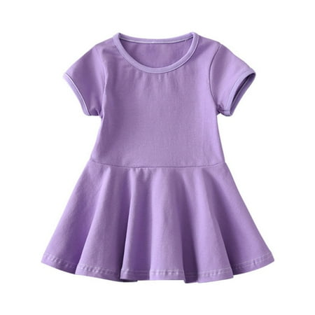 

Toddler Girls Cotton Short Sleeve Basic Skater Dress Solid Color Dress School Party Dress