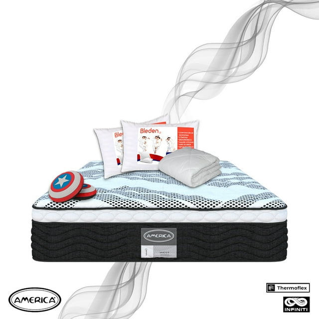 Colchon Individual America Wind + 2 Almohada Standar + Protector Bleden Individual+ Cojín Súper Héroe.