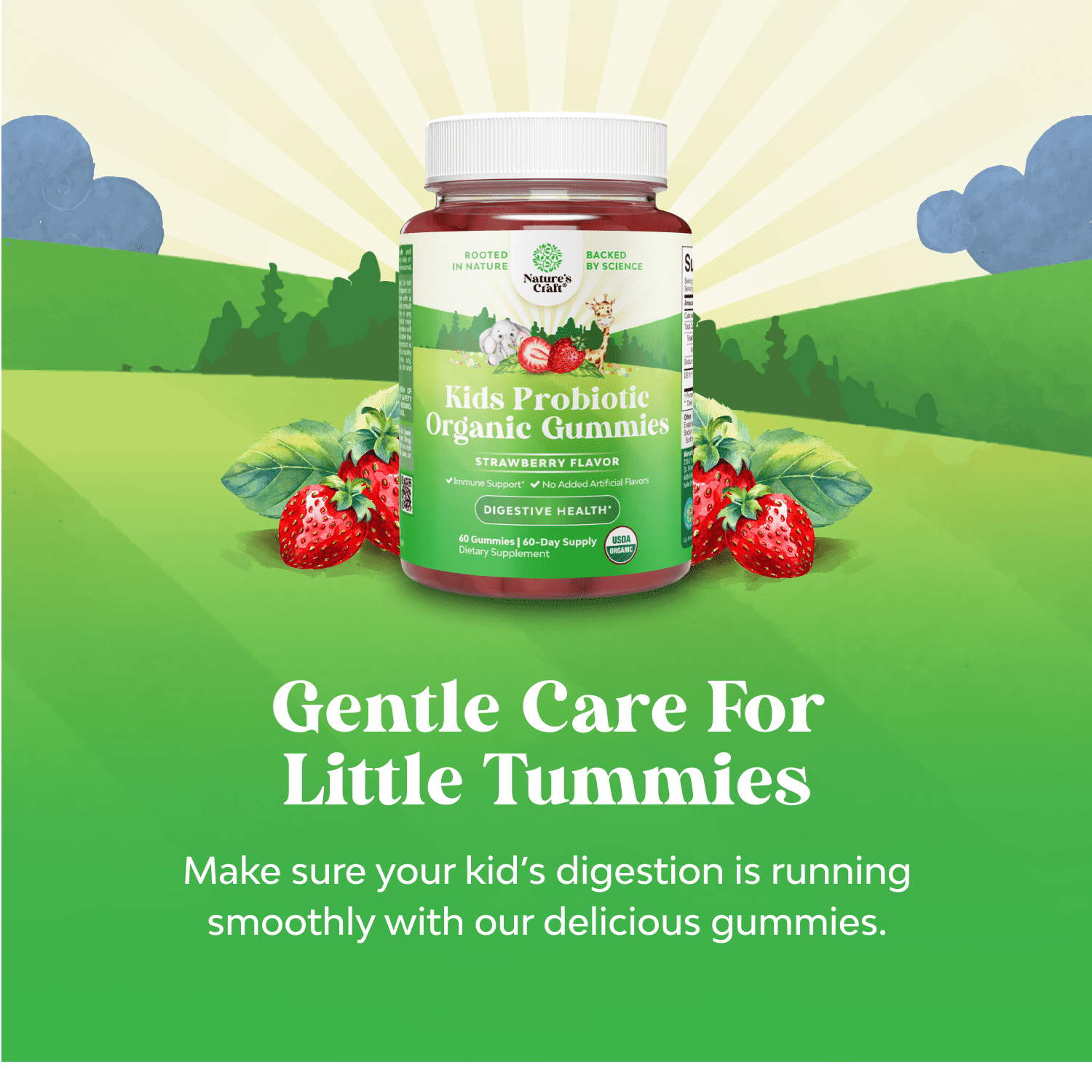 Natures Craft Organic Probiotic Gummies for Kids, Digestive Health Support, Strawberry, 60 Gummies