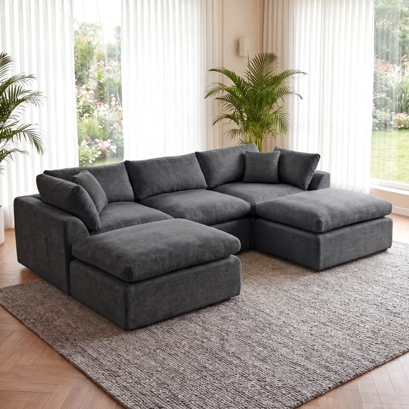 Garvee 5-Piece Sectional Sofa with 2 Ottomans, 30D Chenille Compression Cloud Couch, Modular U-Shape Sofa for Living Room Apartment, Dark Gray