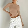 thumbnail image 5 of Women's T-Shirt Crewneck Long Sleeve Double-Lined Side Ruched Crop Casual Top - Pink/Hot Pink/Purple/Blue/Dark Blue/Grey/Beige/Red/Orange/Khaki/Green/Brown - S/M/L | Yubnlvae (Khaki | M), 5 of 9