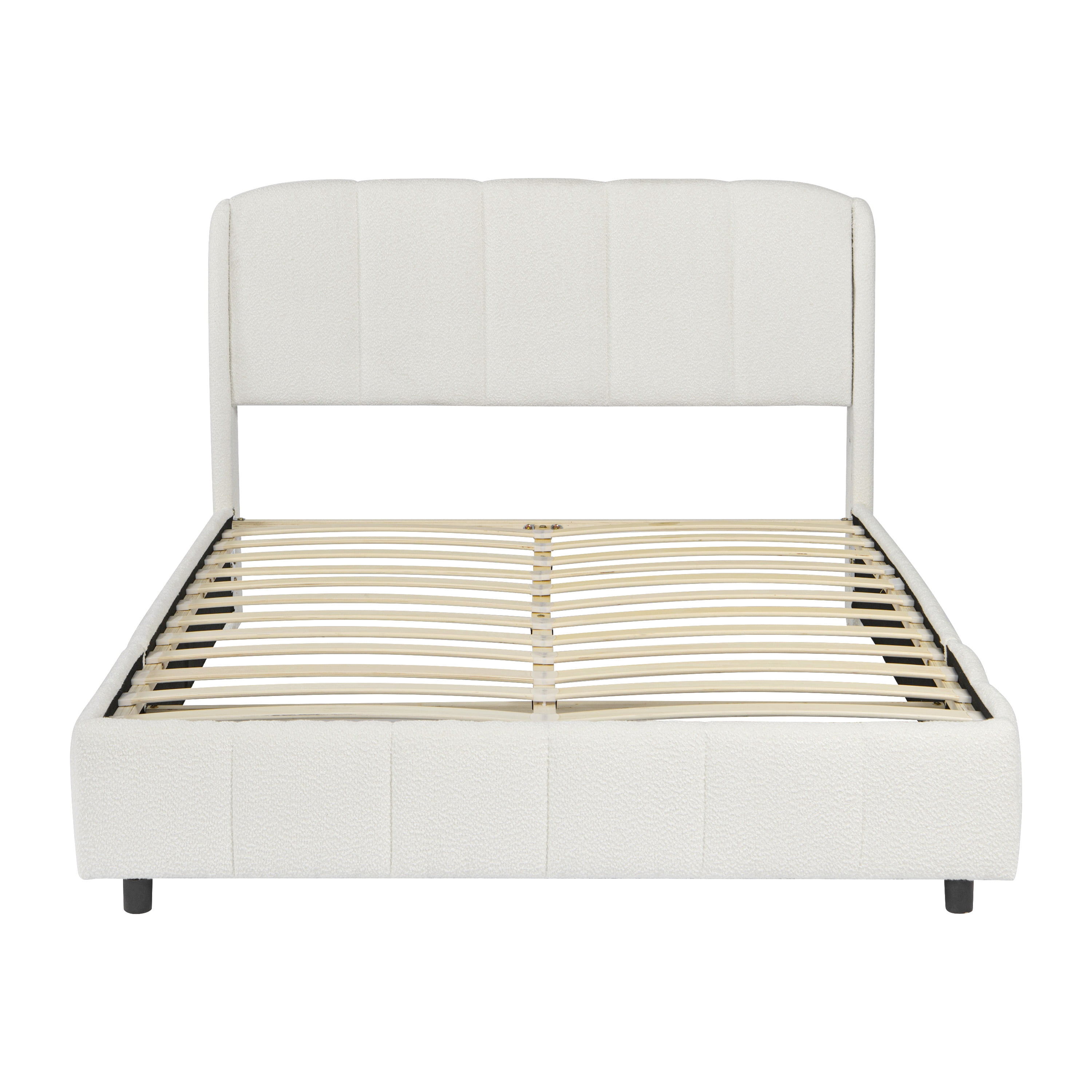 Queen Size Platform Bed with Soft Boucle Fabric, Curved Thick Padded Headboard, Upholstered Bed Frame with Easy Assembly for Bedroom, Beige